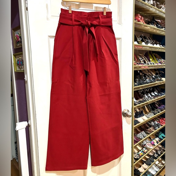 NWOT Anthropologie Cranberry Red Tailored Wide Leg Pants Tie Front Waist Size 6 - Picture 2 of 10